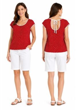 MAJORA 100% Cotton Red White Polka Dot Cap Sleeve Top Tie Back Neckline Sz XL